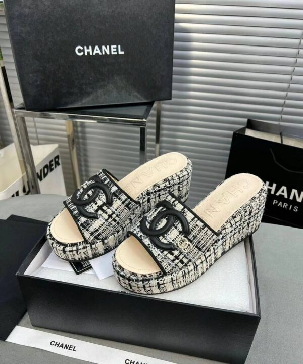 Chanel embroidery leather wool black cc heel wedge sandals